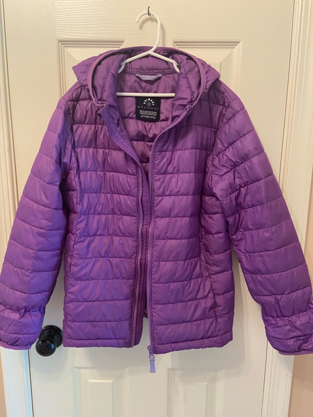 Primary®️Girls Purple Quilted Puffer Jacket with Hood Color: Grape Jelly